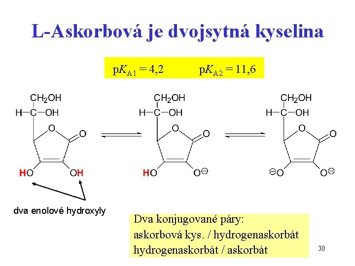 L-Askorbová je dvojsytná kyselina p. KA 1 = 4, 2 dva enolové hydroxyly p.