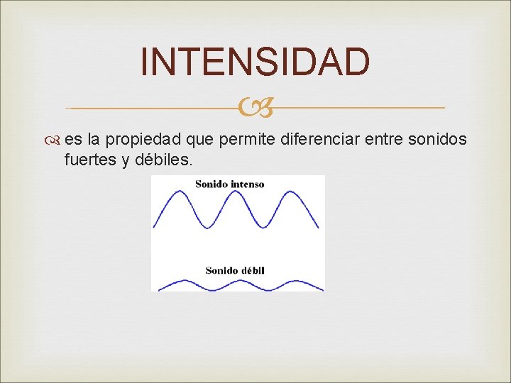 INTENSIDAD es la propiedad que permite diferenciar entre sonidos fuertes y débiles. 