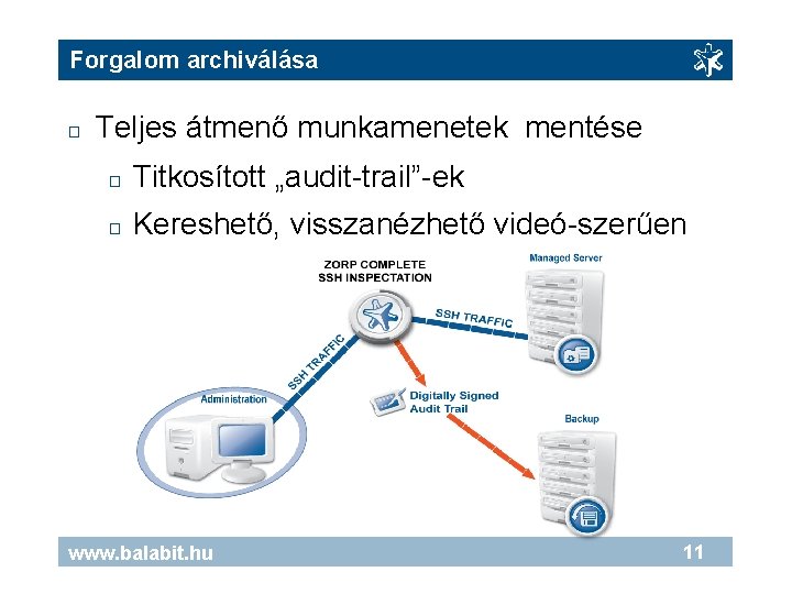 Forgalom archiválása � Teljes átmenő munkamenetek mentése � Titkosított „audit-trail”-ek � Kereshető, visszanézhető videó-szerűen