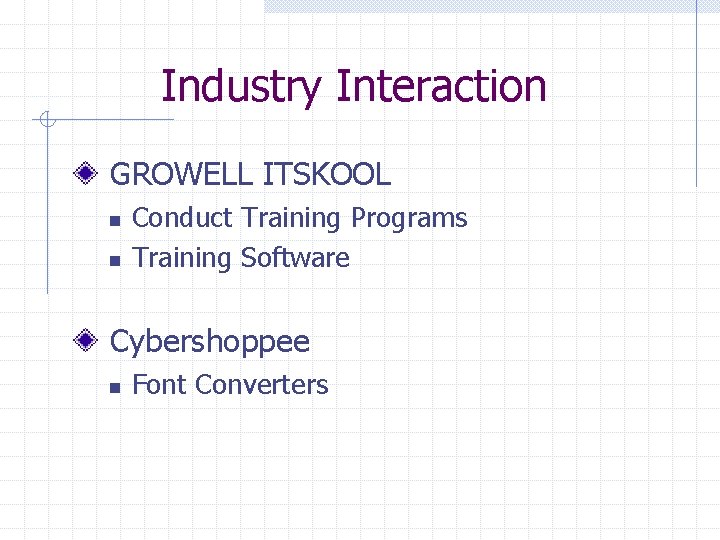 Industry Interaction GROWELL ITSKOOL n n Conduct Training Programs Training Software Cybershoppee n Font