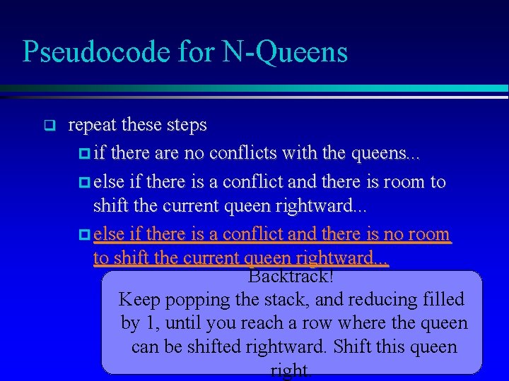 Pseudocode for N-Queens q repeat these steps if there are no conflicts with the