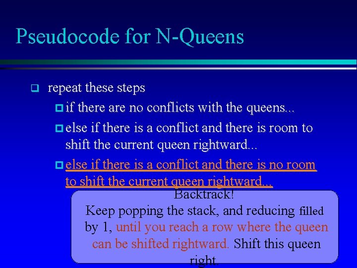 Pseudocode for N-Queens q repeat these steps if there are no conflicts with the