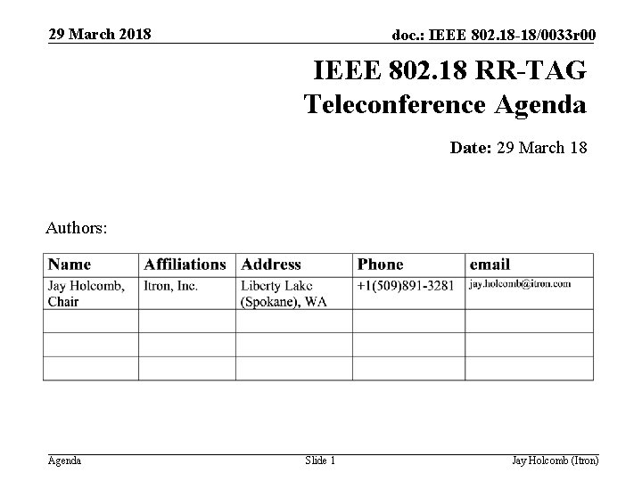 29 March 2018 doc. : IEEE 802. 18 -18/0033 r 00 IEEE 802. 18
