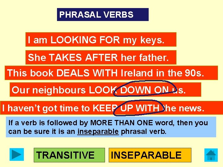 PHRASAL VERBS I am LOOKING FOR my keys. She TAKES AFTER her father. This