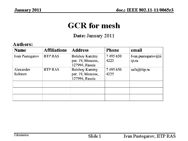 January 2011 doc. : IEEE 802. 11 -11/0065 r 3 GCR for mesh Date: