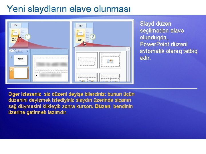 Yeni slaydların əlavə olunması Ev Ev Əgər istəsəniz, siz düzəni dəyişə bilərsiniz: bunun üçün