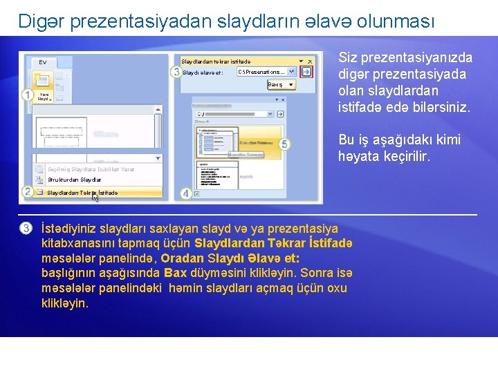 Digər prezentasiyadan slaydların əlavə olunması Slaydlardan təkrar istifadə Ev Slaydı əlavə et: C: Presenations.