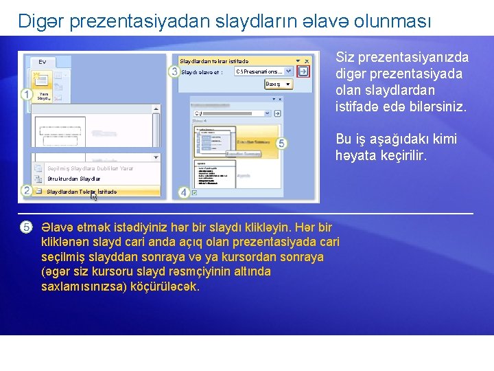 Digər prezentasiyadan slaydların əlavə olunması Slaydlardan təkrar istifadə Ev Slaydı əlavə et : C: