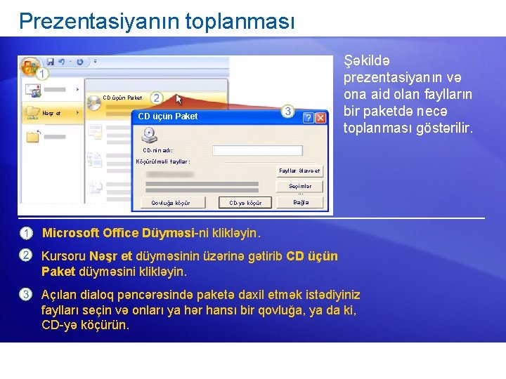 Prezentasiyanın toplanması Şəkildə prezentasiyanın və ona aid olan faylların bir paketdə necə toplanması göstərilir.