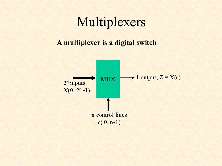 Multiplexers A multiplexer is a digital switch 2 n inputs X(0, 2 n -1)