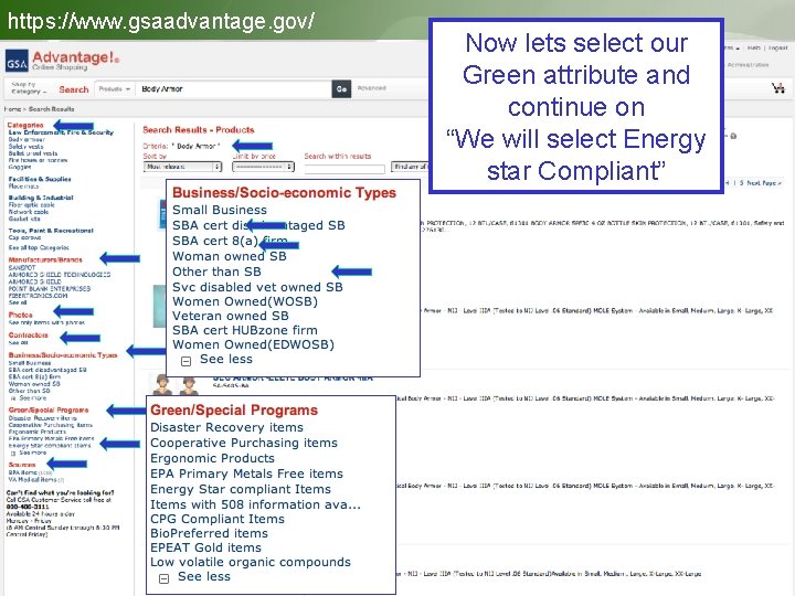 https: //www. gsaadvantage. gov/ Search Results Now lets select our Green attribute and continue