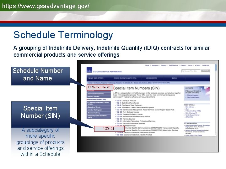 https: //www. gsaadvantage. gov/ Schedule Terminology A grouping of Indefinite Delivery, Indefinite Quantity (IDIQ)