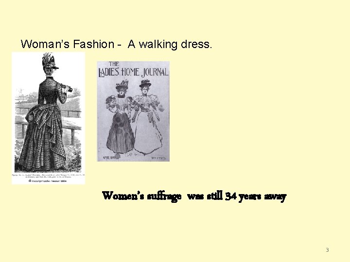 Woman’s Fashion - A walking dress. Women’s suffrage was still 34 years away 3 Woman’s Fashion - A walking dress. Women’s suffrage was still 34 years away 3