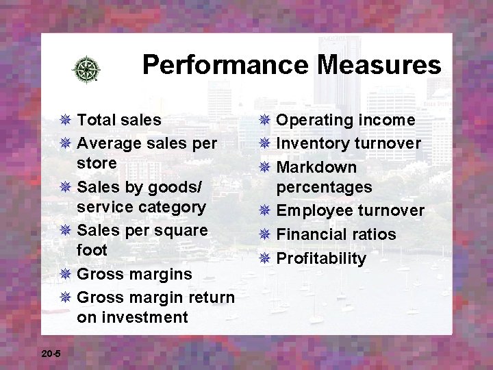 Performance Measures ¯ Total sales ¯ Average sales per store ¯ Sales by goods/