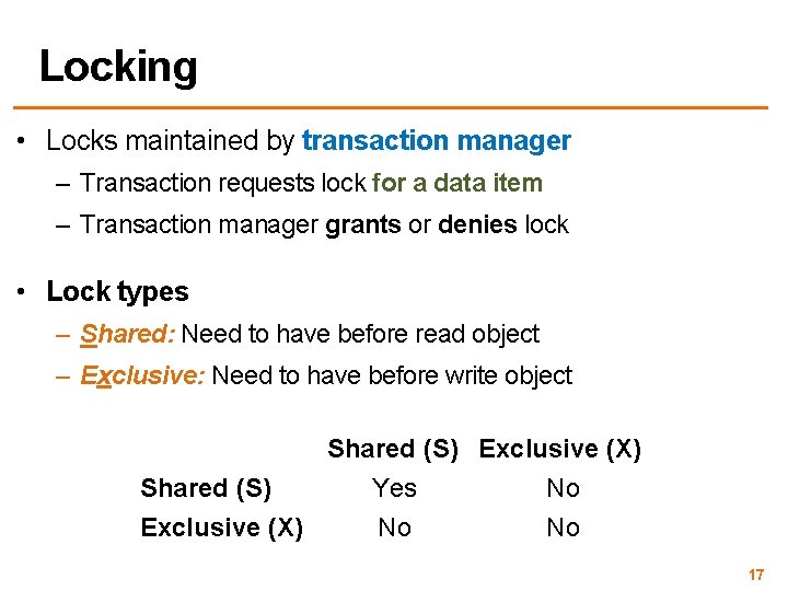 Locking • Locks maintained by transaction manager – Transaction requests lock for a data