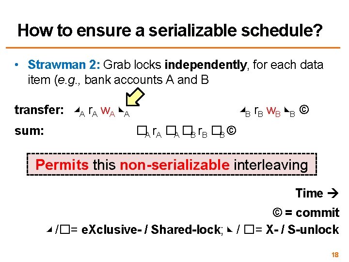 How to ensure a serializable schedule? • Strawman 2: Grab locks independently, for each