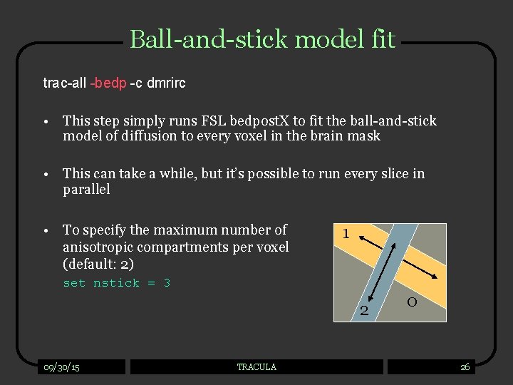 Ball-and-stick model fit trac-all -bedp -c dmrirc • This step simply runs FSL bedpost.