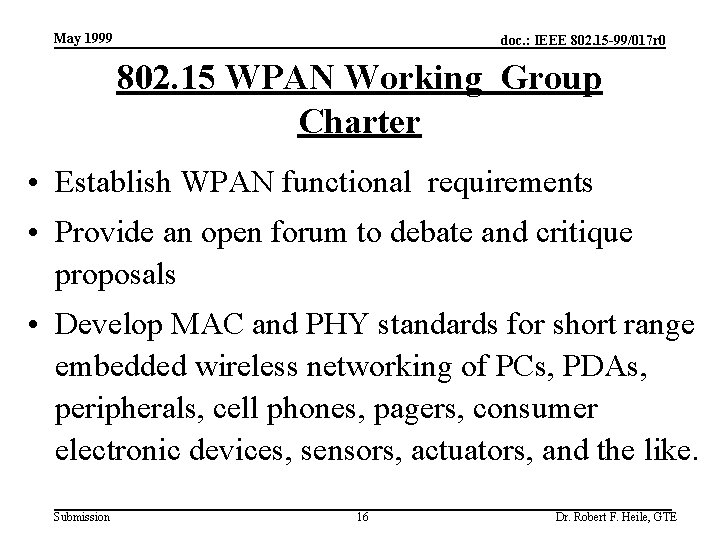 May 1999 doc. : IEEE 802. 15 -99/017 r 0 802. 15 WPAN Working