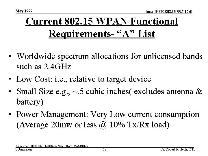 May 1999 doc. : IEEE 802. 15 -99/017 r 0 Current 802. 15 WPAN