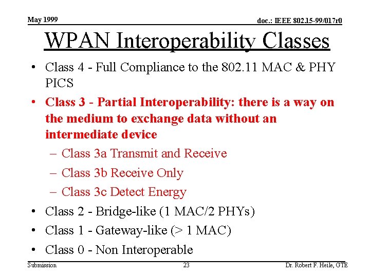 May 1999 doc. : IEEE 802. 15 -99/017 r 0 WPAN Interoperability Classes •