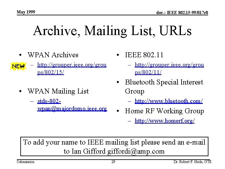 May 1999 doc. : IEEE 802. 15 -99/017 r 0 Archive, Mailing List, URLs