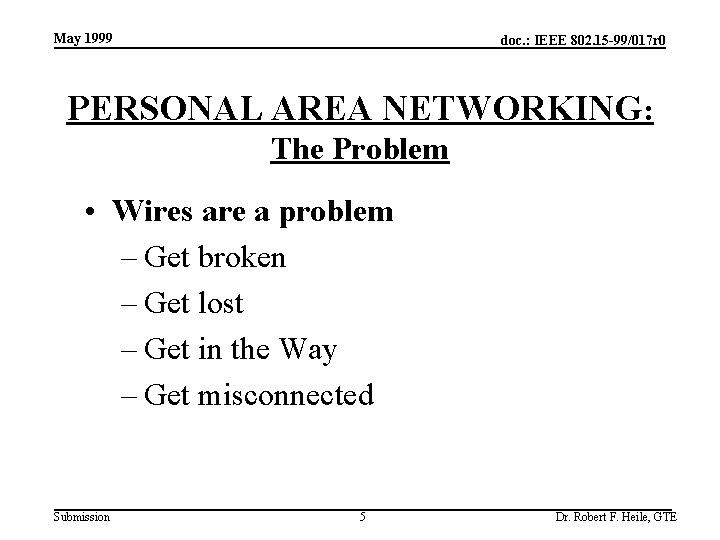 May 1999 doc. : IEEE 802. 15 -99/017 r 0 PERSONAL AREA NETWORKING: The