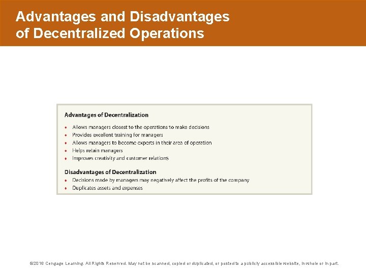 Advantages and Disadvantages of Decentralized Operations © 2016 Cengage Learning. All Rights Reserved. May