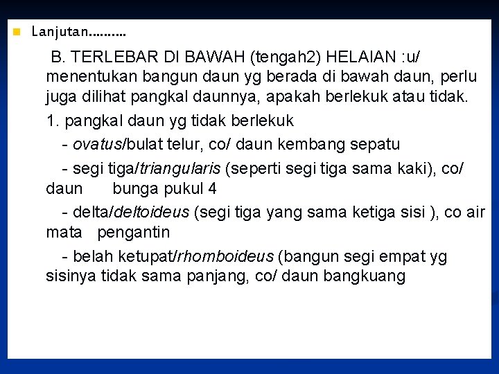 n Lanjutan………. B. TERLEBAR DI BAWAH (tengah 2) HELAIAN : u/ menentukan bangun daun