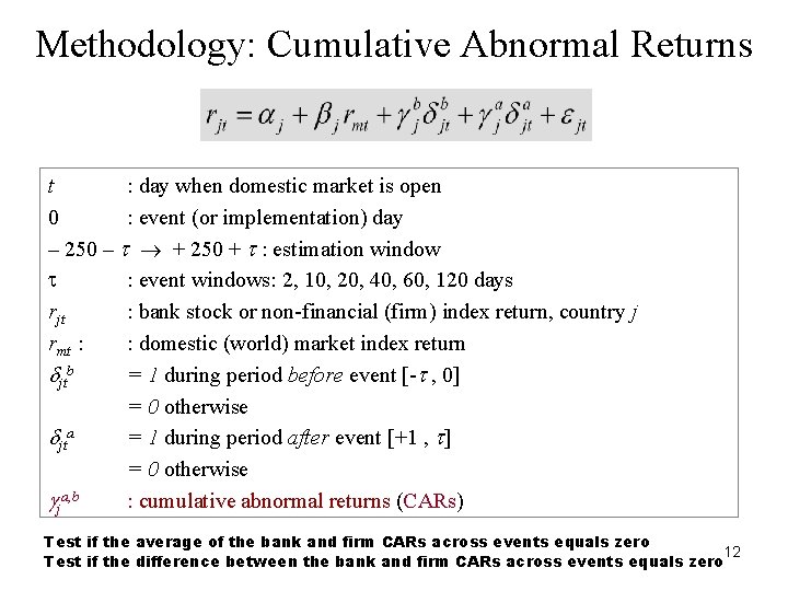 Methodology: Cumulative Abnormal Returns t : day when domestic market is open 0 :