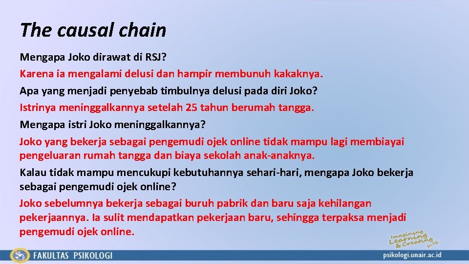 The causal chain Mengapa Joko dirawat di RSJ? Karena ia mengalami delusi dan hampir