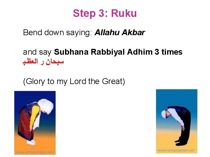 Step 3: Ruku Bend down saying: Allahu Akbar and say Subhana Rabbiyal Adhim 3