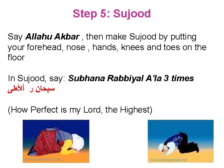 Step 5: Sujood Say Allahu Akbar , then make Sujood by putting your forehead,