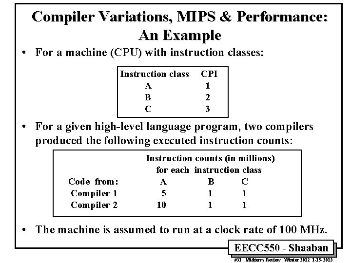Compiler Variations, MIPS & Performance: An Example • For a machine (CPU) with instruction Compiler Variations, MIPS & Performance: An Example • For a machine (CPU) with instruction