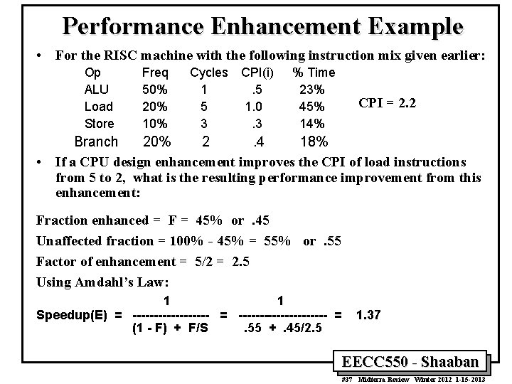 Performance Enhancement Example • For the RISC machine with the following instruction mix given