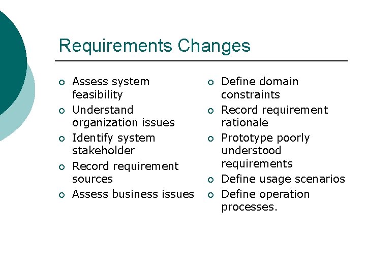 Requirements Changes ¡ ¡ ¡ Assess system feasibility Understand organization issues Identify system stakeholder