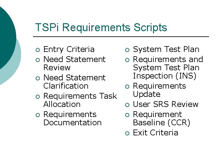 TSPi Requirements Scripts ¡ ¡ ¡ Entry Criteria Need Statement Review Need Statement Clarification