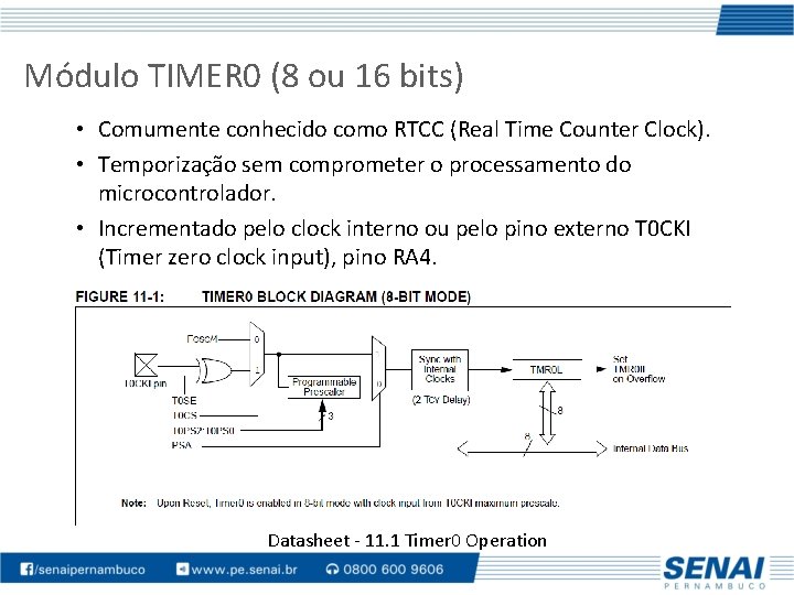 Módulo TIMER 0 (8 ou 16 bits) • Comumente conhecido como RTCC (Real Time