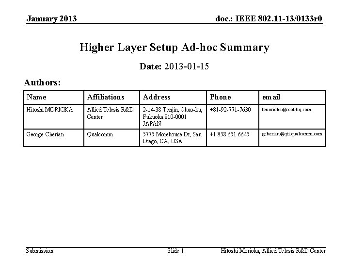 January 2013 doc. : IEEE 802. 11 -13/0133 r 0 Higher Layer Setup Ad-hoc