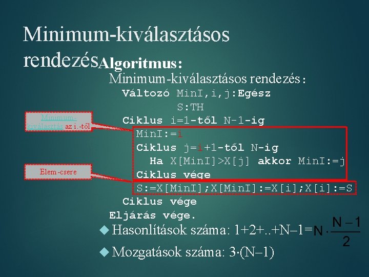 Minimum-kiválasztásos rendezés. Algoritmus: Minimum-kiválasztásos rendezés: Minimumkiválasztás az i. -től Elem-csere Változó Min. I, i,