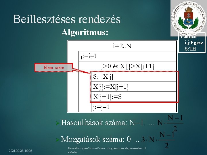 Beillesztéses rendezés Algoritmus: Elem-csere Ø Hasonlítások Ø Mozgatások 2021. 10. 27. 10: 06 száma: