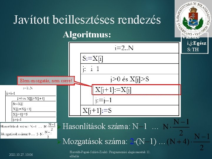 Javított beillesztéses rendezés Algoritmus: Elem-mozgatás, nem csere! csere Ø Hasonlítások Ø Mozgatások 2021. 10.