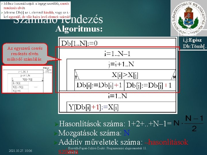 Számláló rendezés Algoritmus: Az egyszerű cserés rendezés elvén működő számlálás. Ø Hasonlítások 2021. 10. Számláló rendezés Algoritmus: Az egyszerű cserés rendezés elvén működő számlálás. Ø Hasonlítások 2021. 10.