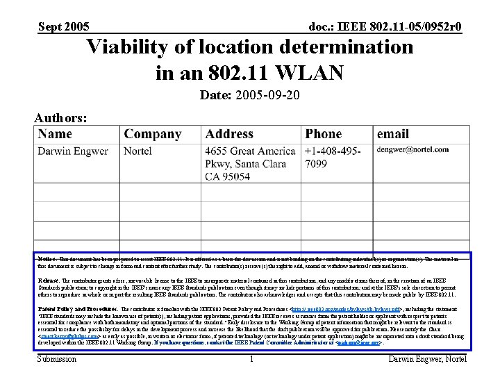 Sept 2005 doc. : IEEE 802. 11 -05/0952 r 0 Viability of location determination