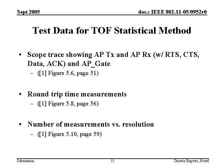 Sept 2005 doc. : IEEE 802. 11 -05/0952 r 0 Test Data for TOF