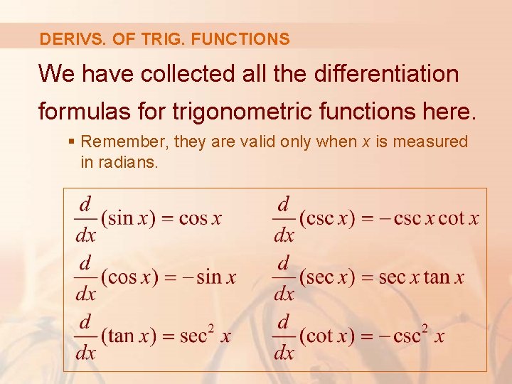 DERIVS. OF TRIG. FUNCTIONS We have collected all the differentiation formulas for trigonometric functions