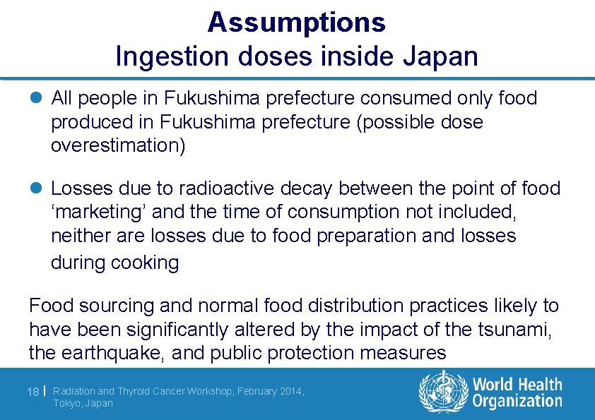 Assumptions Ingestion doses inside Japan l All people in Fukushima prefecture consumed only food