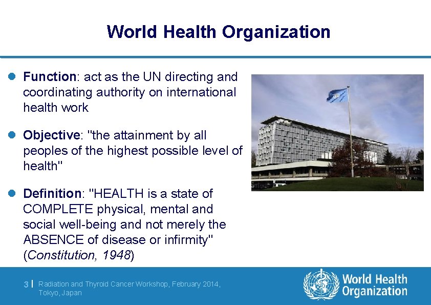 World Health Organization l Function: act as the UN directing and coordinating authority on