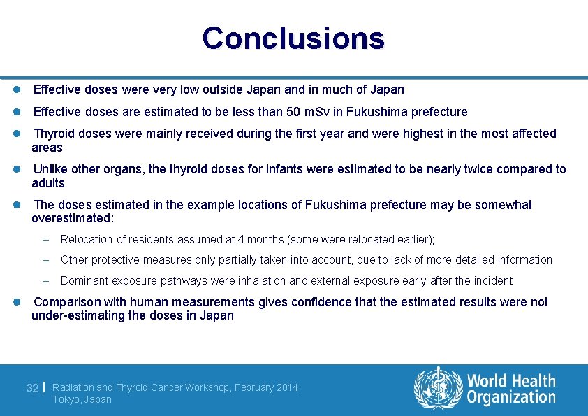 Conclusions l Effective doses were very low outside Japan and in much of Japan