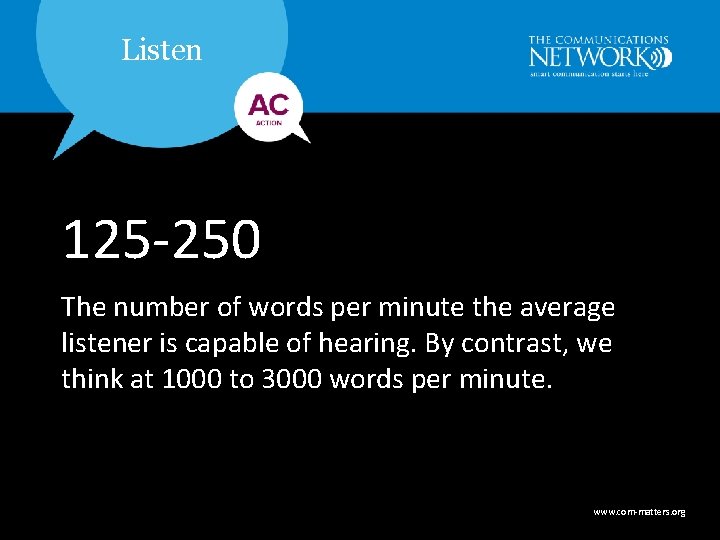 Listen 125 -250 The number of words per minute the average listener is capable