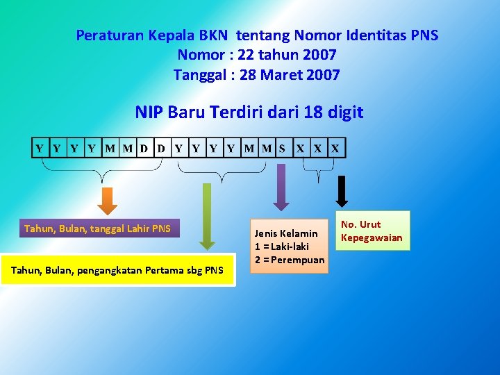 Peraturan Kepala BKN tentang Nomor Identitas PNS Nomor : 22 tahun 2007 Tanggal :